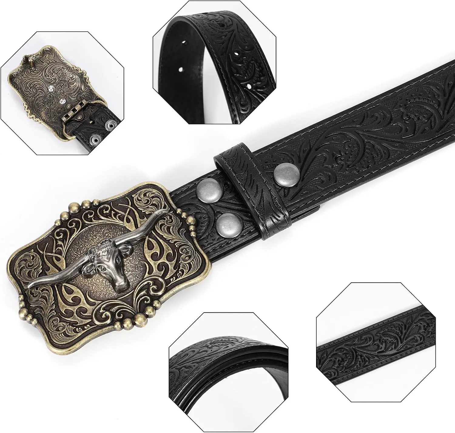 Cowboy Cowgirl Belt Western Belts for Men Women Floral Engraved Longhorn Bull Buckle Belt for Jeans