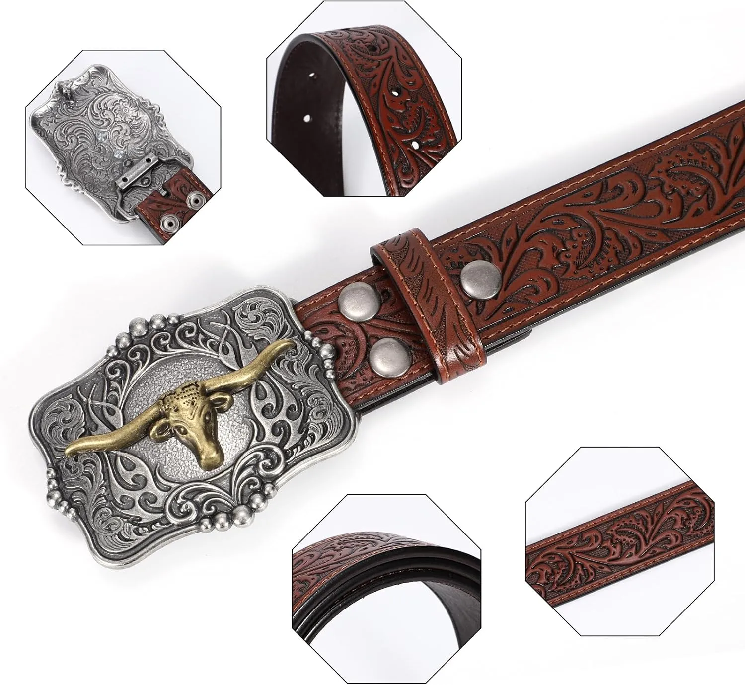 Cowboy Cowgirl Belt Western Belts for Men Women Floral Engraved Longhorn Bull Buckle Belt for Jeans