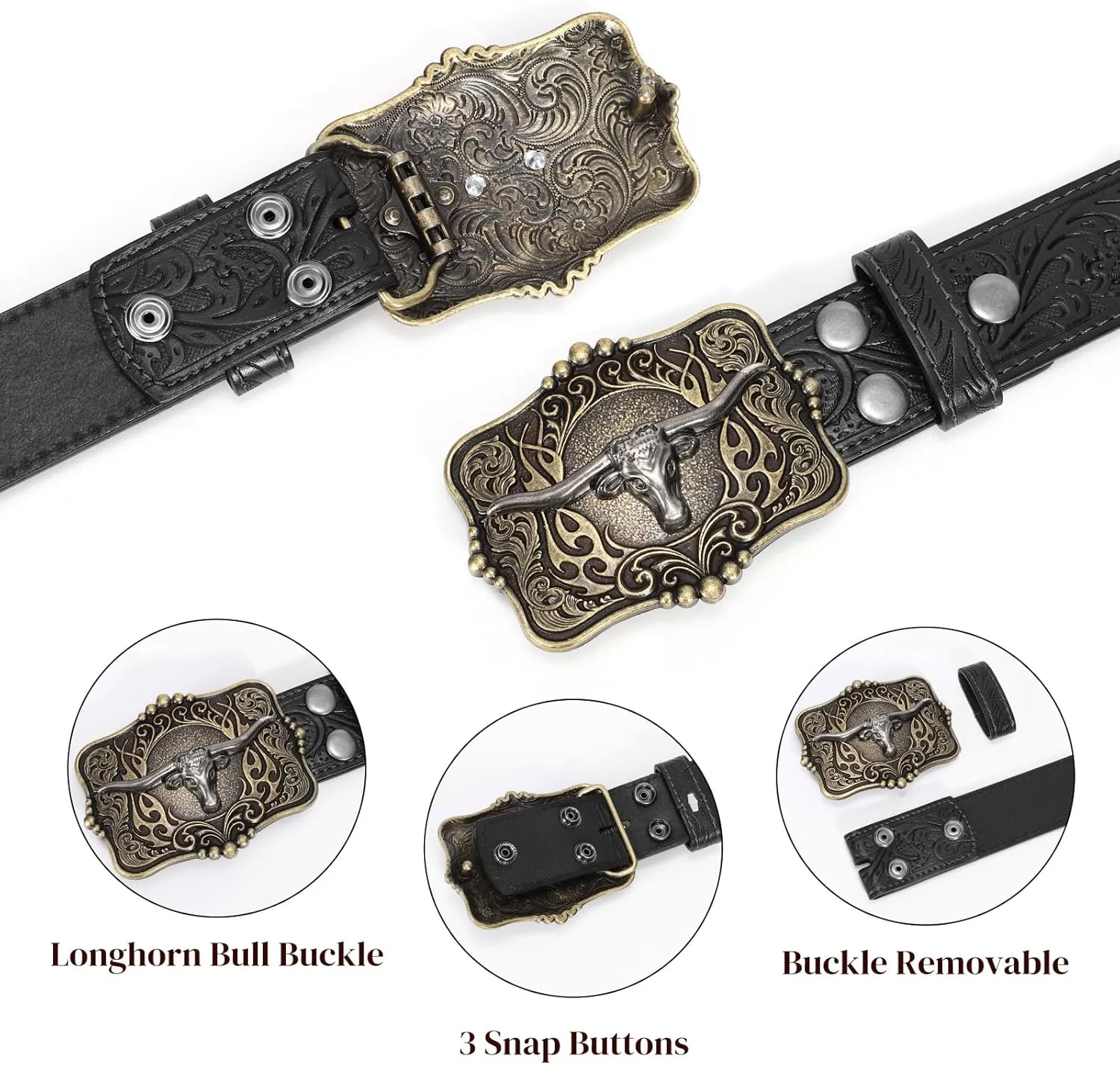 Cowboy Cowgirl Belt Western Belts for Men Women Floral Engraved Longhorn Bull Buckle Belt for Jeans