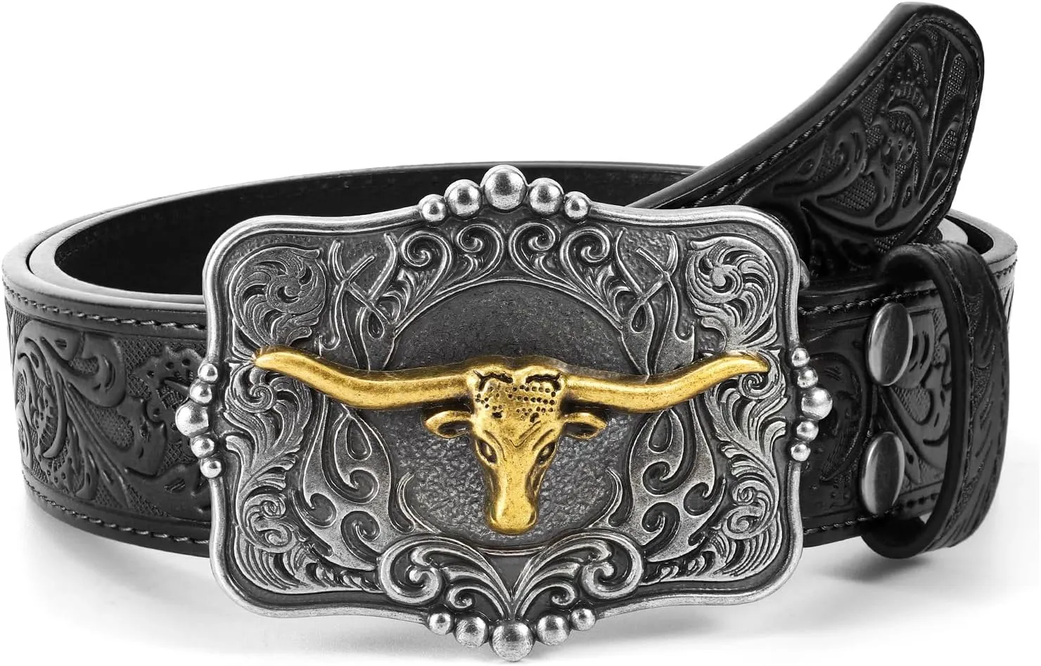 Cowboy Cowgirl Belt Western Belts for Men Women Floral Engraved Longhorn Bull Buckle Belt for Jeans