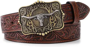 Cowboy Cowgirl Belt Western Belts for Men Women Floral Engraved Longhorn Bull Buckle Belt for Jeans