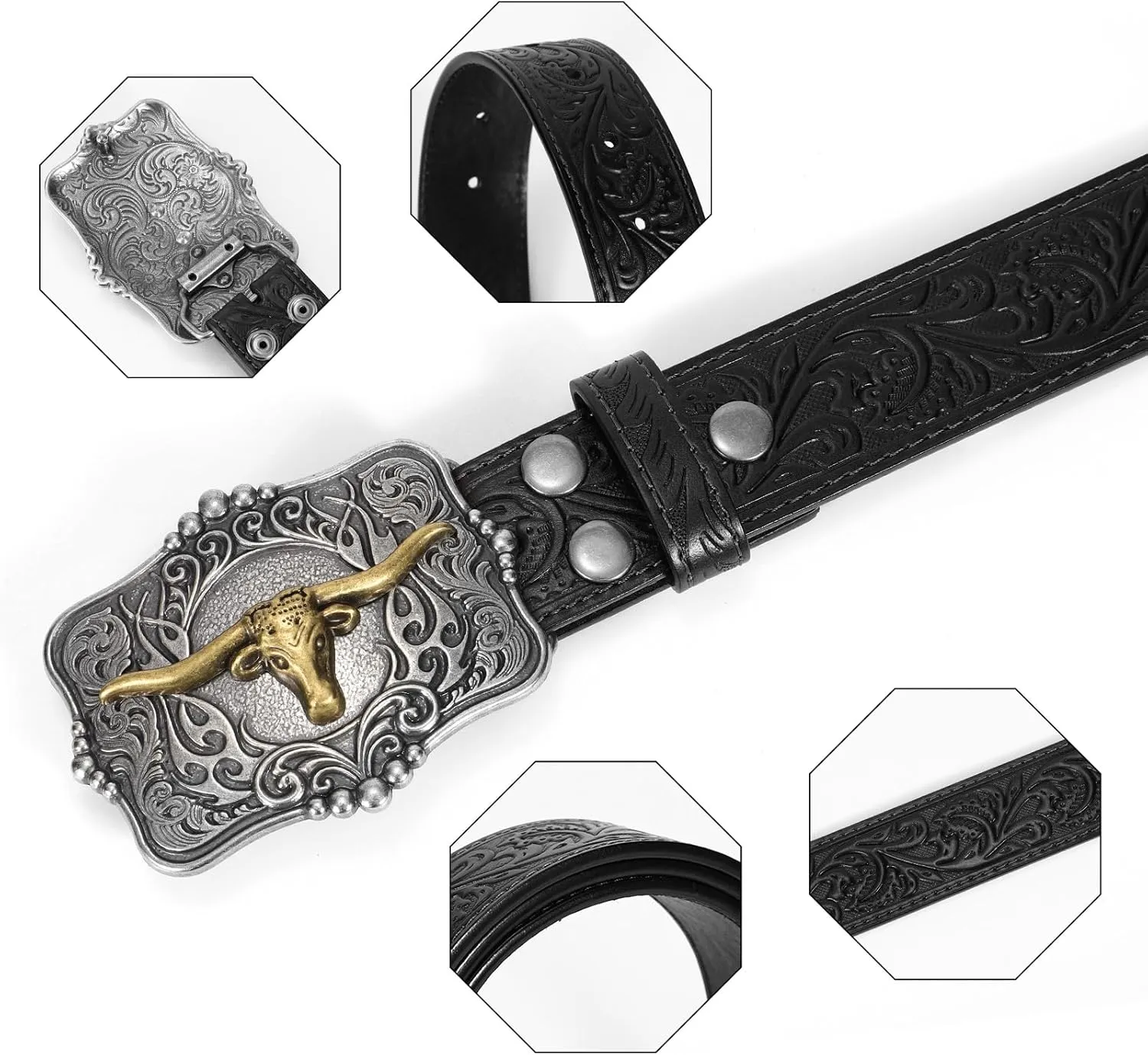 Cowboy Cowgirl Belt Western Belts for Men Women Floral Engraved Longhorn Bull Buckle Belt for Jeans