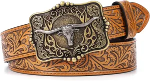 Cowboy Cowgirl Belt Western Belts for Men Women Floral Engraved Longhorn Bull Buckle Belt for Jeans