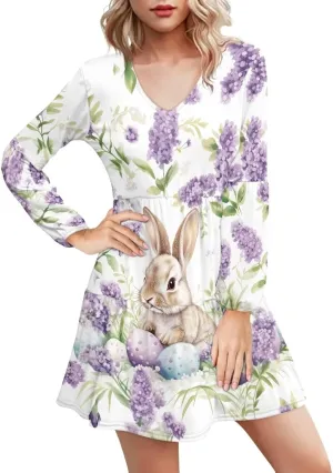 Cozeyat Women Casual Long Sleeve Dress Summer Autumn V-Neck A-Line Swing Midi Dress Surplice Dress Daily Wear