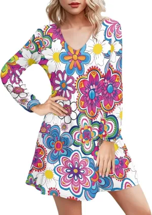 Cozeyat Women Casual Long Sleeve Dress Summer Autumn V-Neck A-Line Swing Midi Dress Surplice Dress Daily Wear