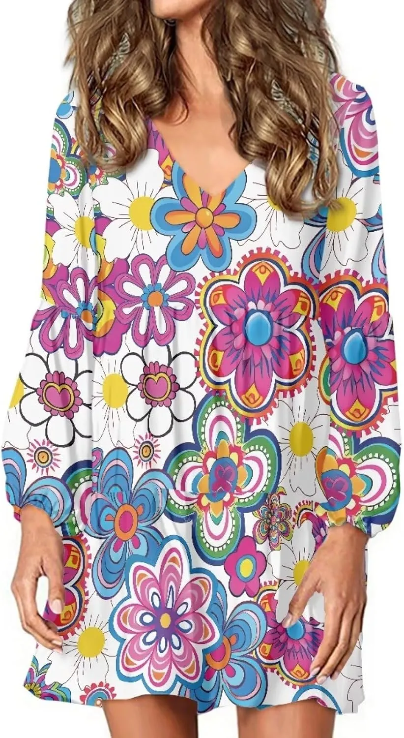 Cozeyat Women Casual Long Sleeve Dress Summer Autumn V-Neck A-Line Swing Midi Dress Surplice Dress Daily Wear