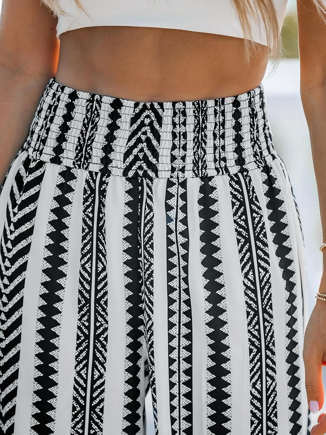 CUPSHE Women Pants Abstract Smocked Waist Long Pant Wide Leg Pant Casual