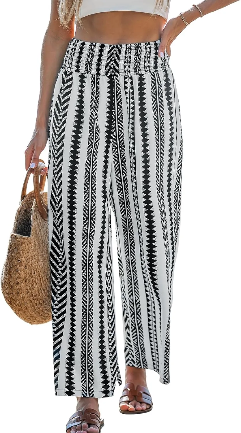 CUPSHE Women Pants Abstract Smocked Waist Long Pant Wide Leg Pant Casual