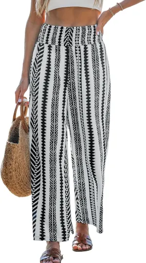 CUPSHE Women Pants Abstract Smocked Waist Long Pant Wide Leg Pant Casual