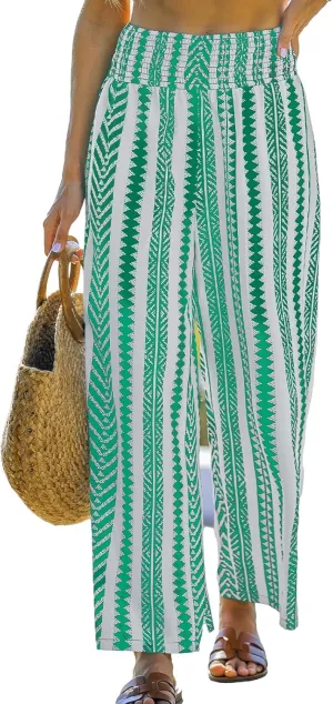 CUPSHE Women Pants Abstract Smocked Waist Long Pant Wide Leg Pant Casual