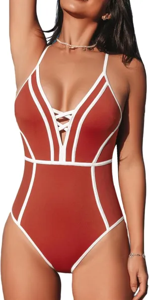CUPSHE Women's One Piece Swimsuit Plunging V Neck Bathing Suit Crisscross Back Tie Slimming Sculpting Color Block