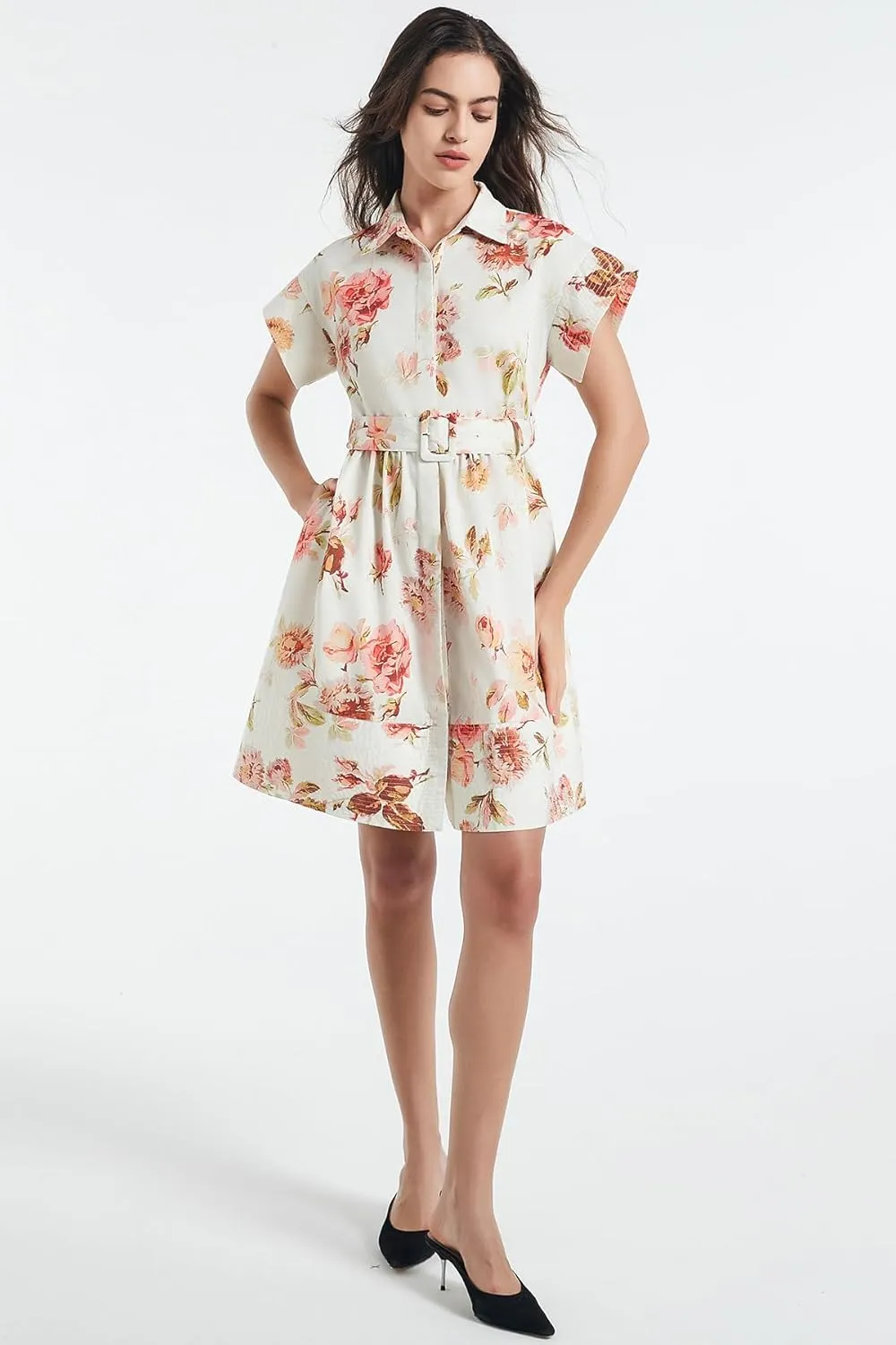 D-Sun Women Button Down Shirt Dress V-Neck Floral Printed Short Sleeve Mini Dress Casual Belted Short Party with Pocket