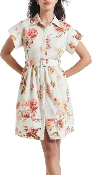 D-Sun Women Button Down Shirt Dress V-Neck Floral Printed Short Sleeve Mini Dress Casual Belted Short Party with Pocket
