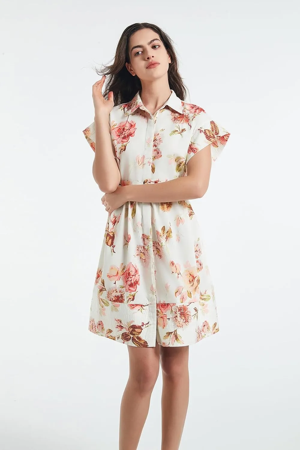D-Sun Women Button Down Shirt Dress V-Neck Floral Printed Short Sleeve Mini Dress Casual Belted Short Party with Pocket