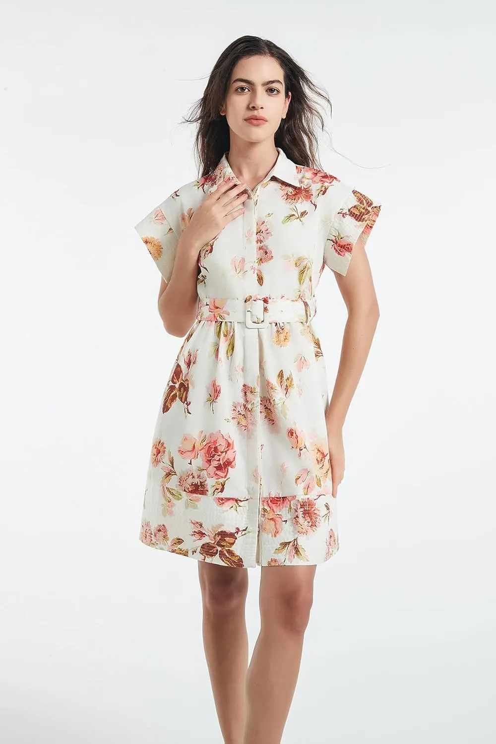 D-Sun Women Button Down Shirt Dress V-Neck Floral Printed Short Sleeve Mini Dress Casual Belted Short Party with Pocket