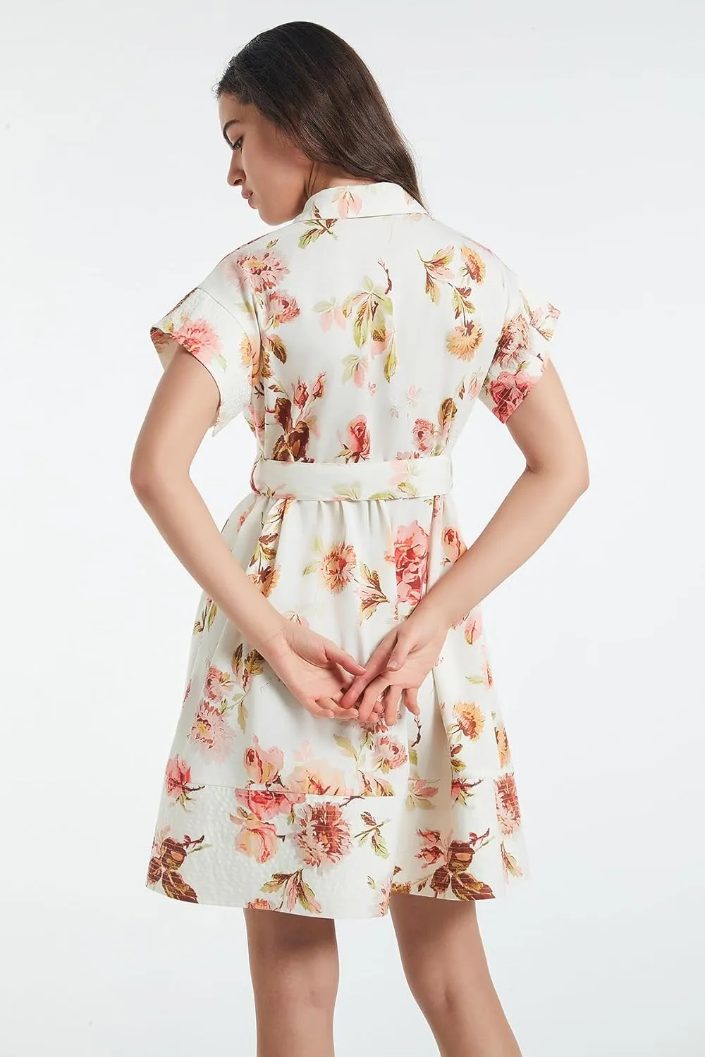 D-Sun Women Button Down Shirt Dress V-Neck Floral Printed Short Sleeve Mini Dress Casual Belted Short Party with Pocket