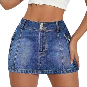 Denim Skirt Women Low Waist Button Y2K Cargo Mini Skirt with Flap Pockets Trendy Bodycon Sexy Micro Skort Jean Skorts