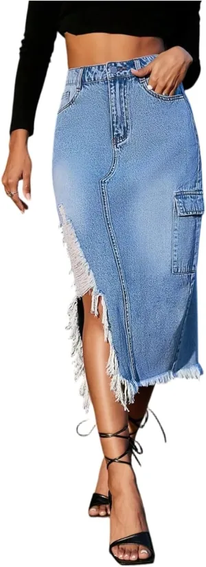 Denim Skirt Women Trendy High Waist Long Jean Skirts with Slit Frayed Hem Ripped Y2K Denim Midi Cargo Skirt with Pockets