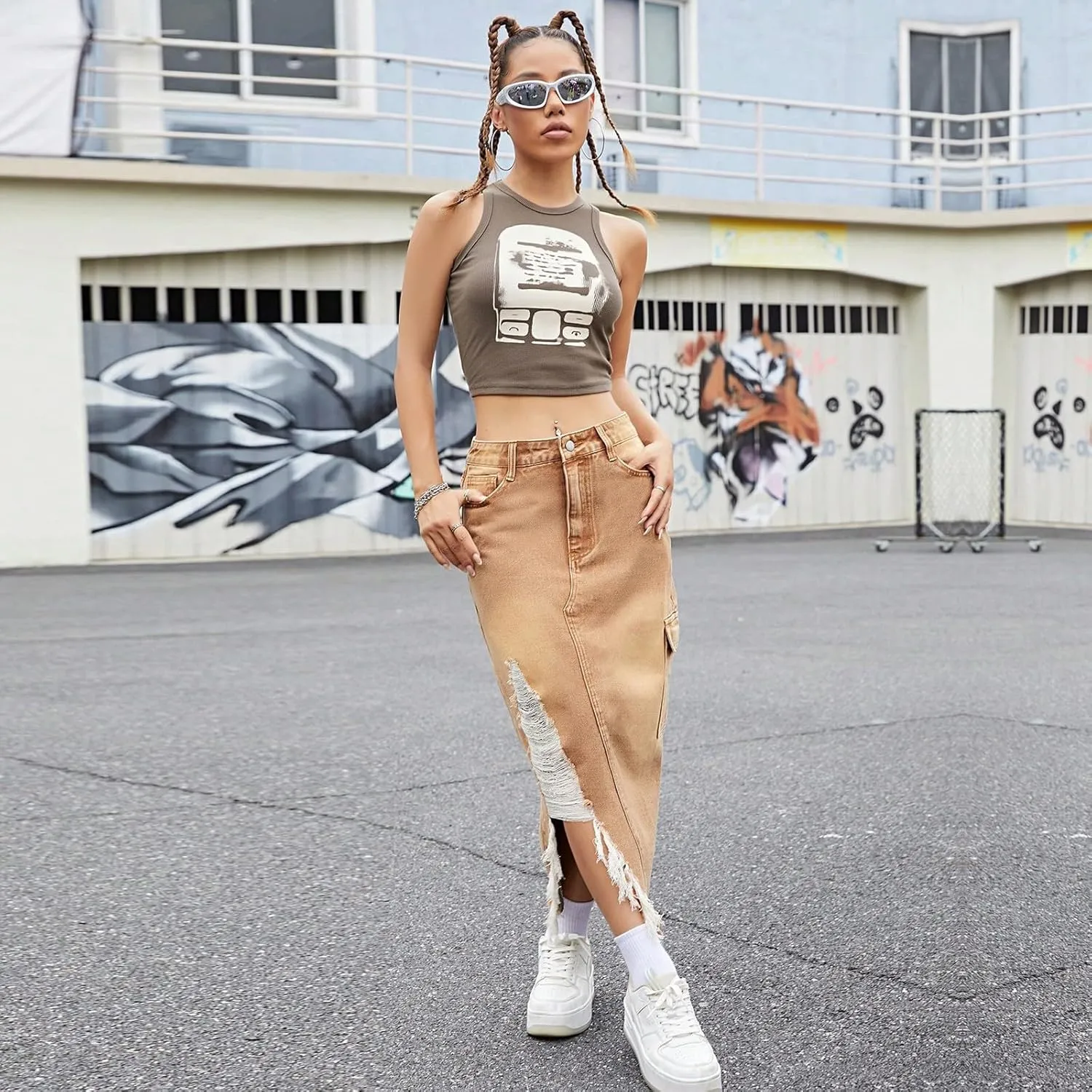 Denim Skirt Women Trendy High Waist Long Jean Skirts with Slit Frayed Hem Ripped Y2K Denim Midi Cargo Skirt with Pockets