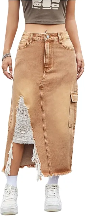 Denim Skirt Women Trendy High Waist Long Jean Skirts with Slit Frayed Hem Ripped Y2K Denim Midi Cargo Skirt with Pockets