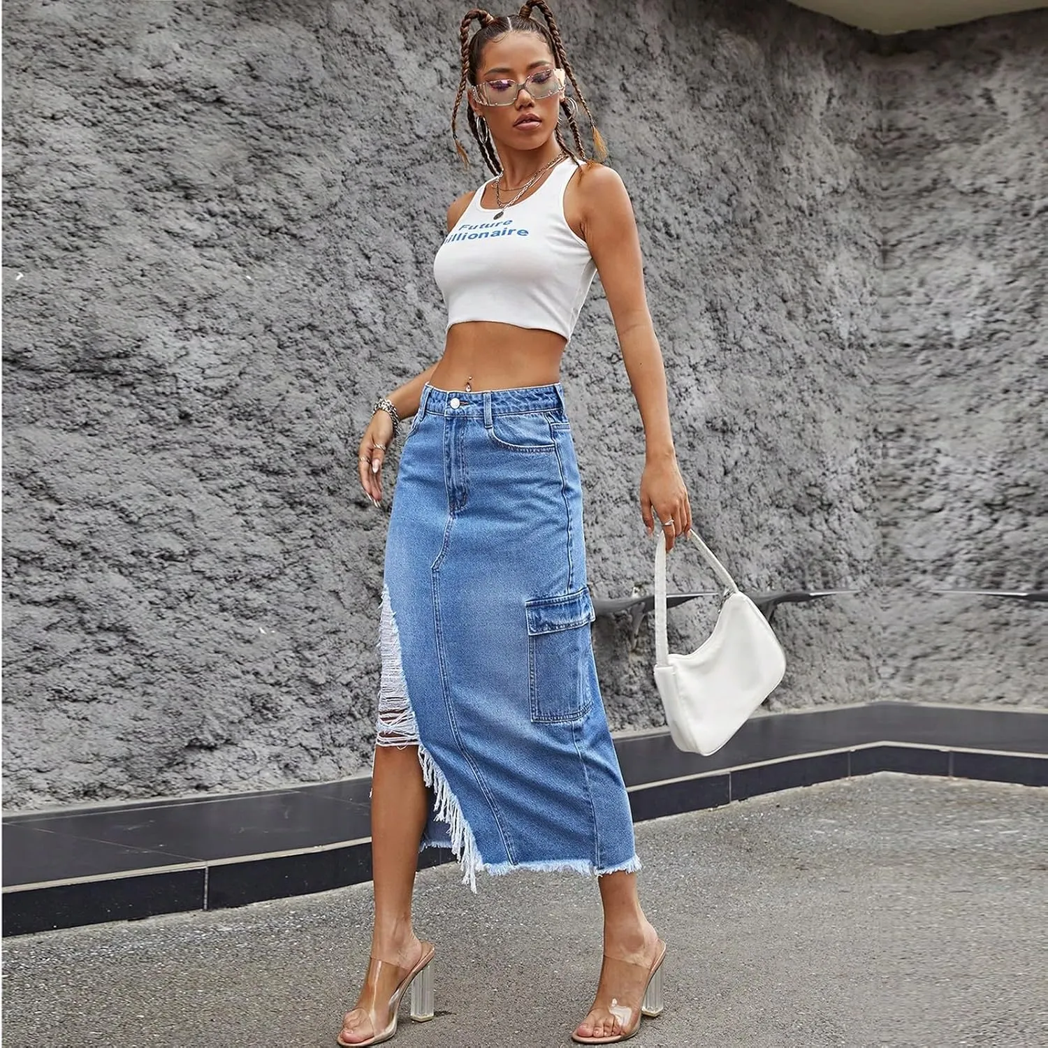 Denim Skirt Women Trendy High Waist Long Jean Skirts with Slit Frayed Hem Ripped Y2K Denim Midi Cargo Skirt with Pockets