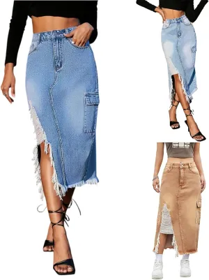 Denim Skirt Women Trendy High Waist Long Jean Skirts with Slit Frayed Hem Ripped Y2K Denim Midi Cargo Skirt with Pockets