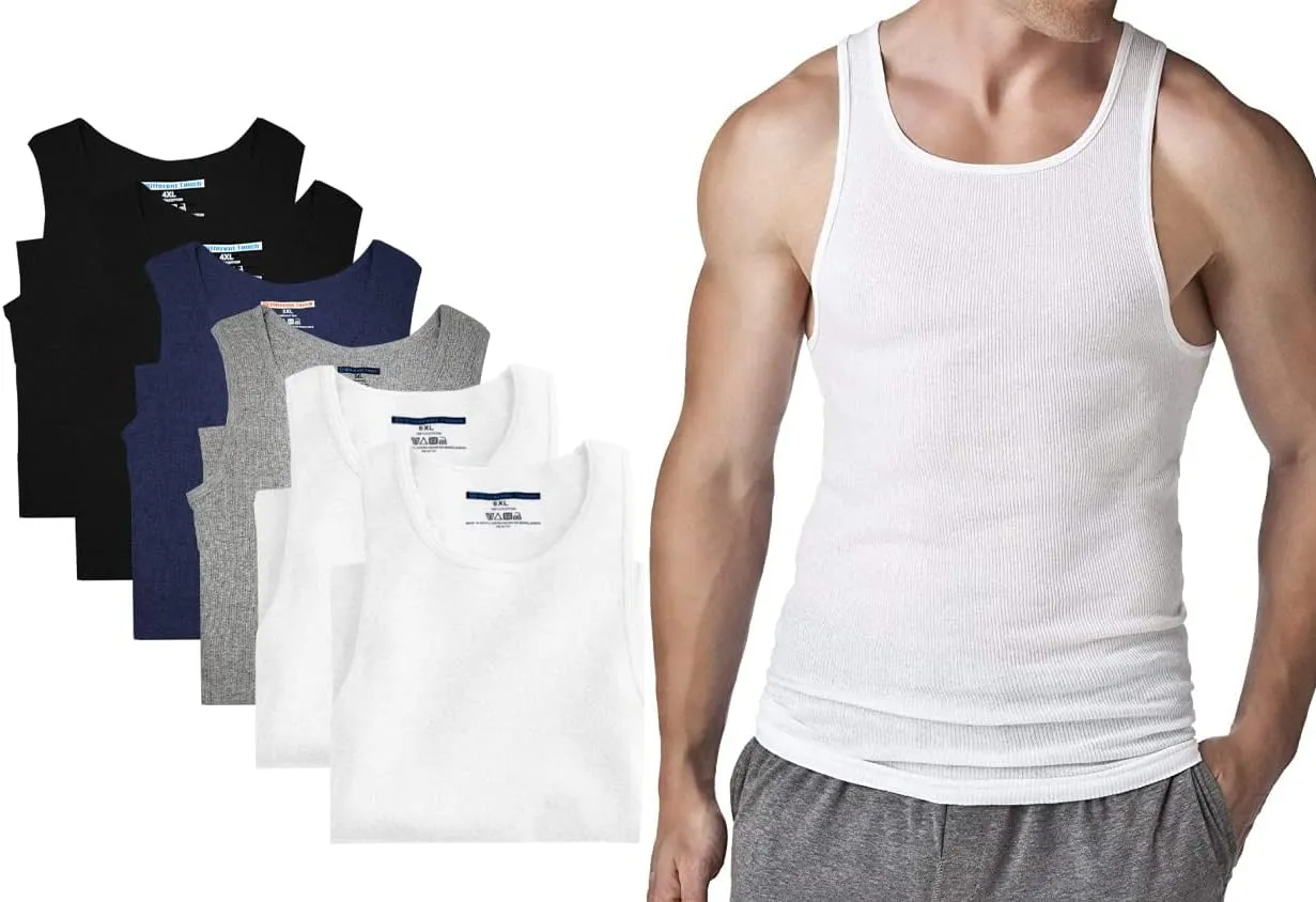 Different Touch 6 Pack Men's Big and Tall Muscle Ribbed Tank Tops A-Shirts Underwear Shirts