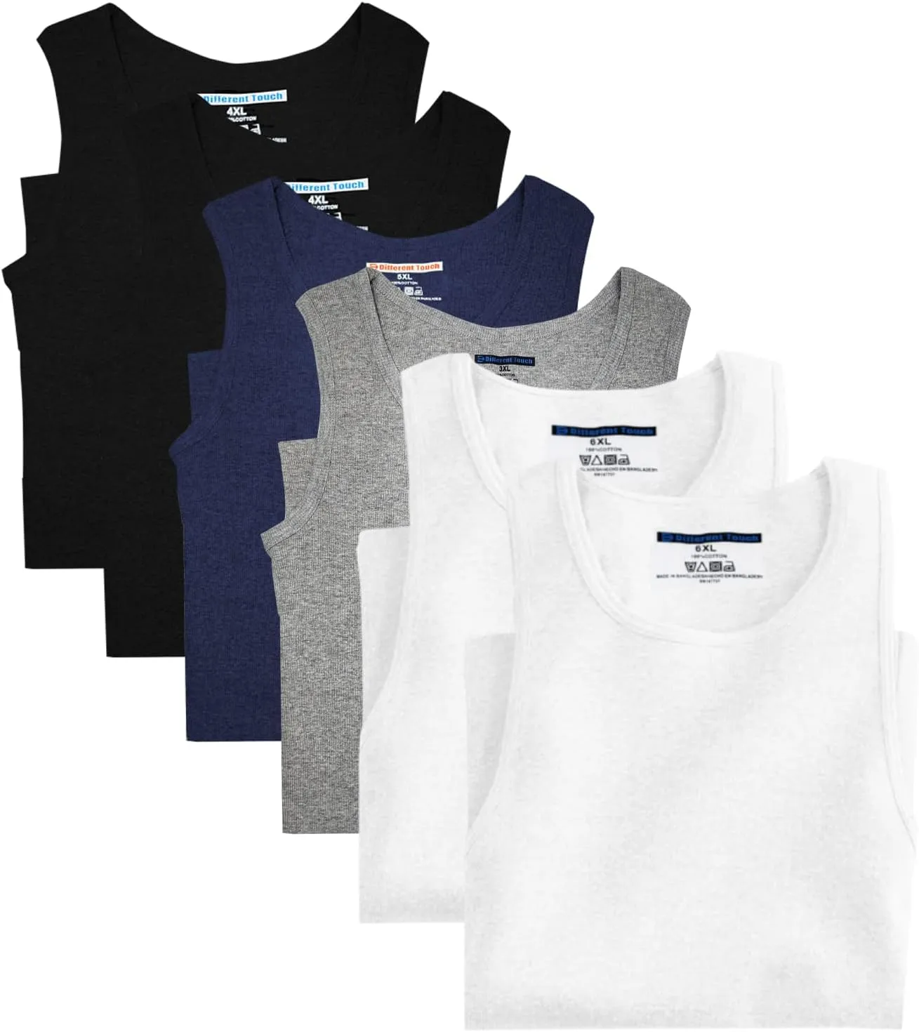 Different Touch 6 Pack Men's Big and Tall Muscle Ribbed Tank Tops A-Shirts Underwear Shirts