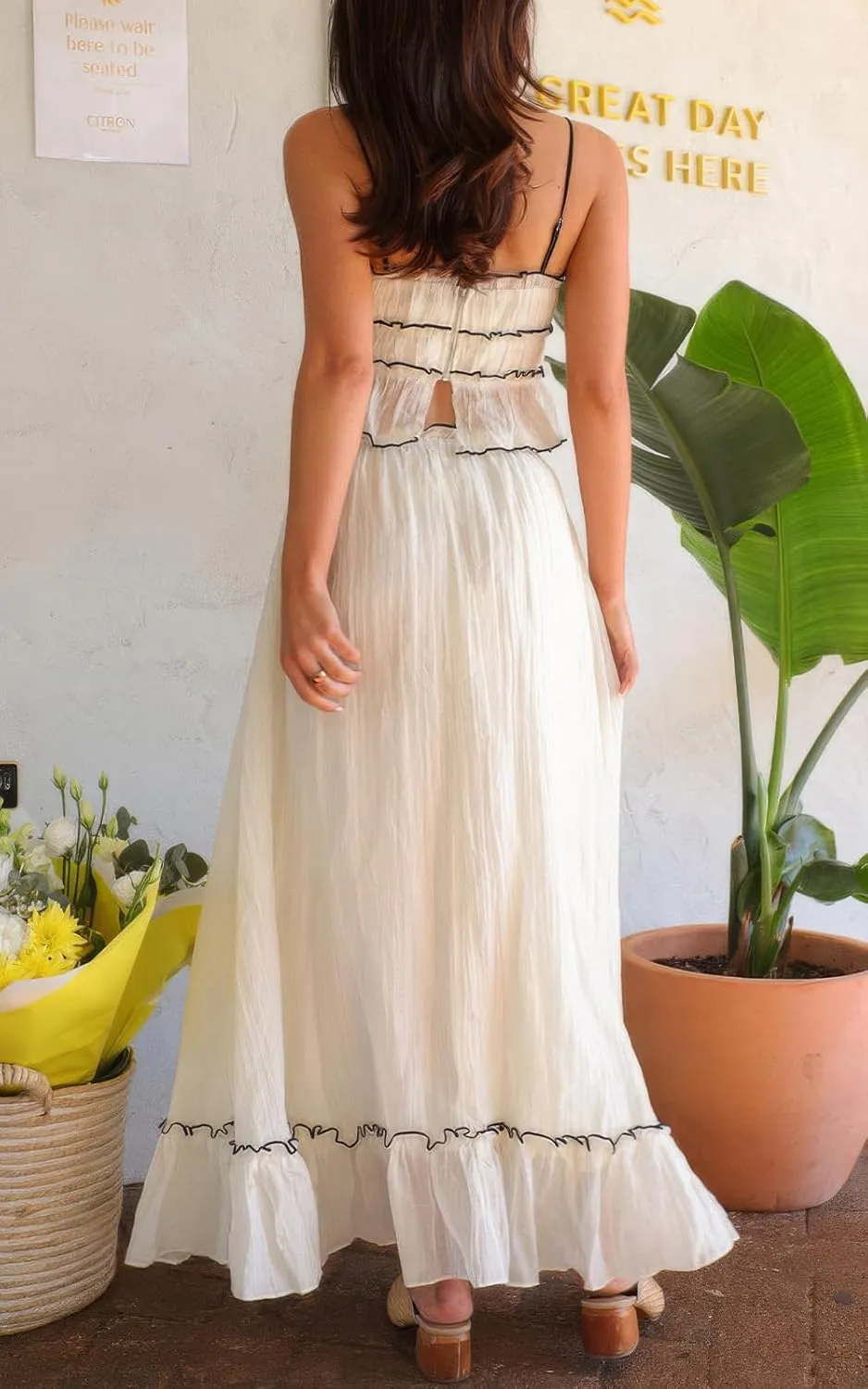 ebossy Women's Summer Spaghetti Strap Boho Long Dress Front Tie-Up Ruffles Flowy Swing Slip Sundress