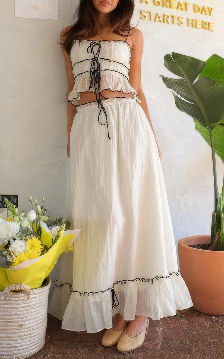 ebossy Women's Summer Spaghetti Strap Boho Long Dress Front Tie-Up Ruffles Flowy Swing Slip Sundress