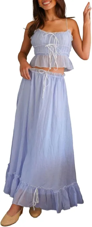 ebossy Women's Summer Spaghetti Strap Boho Long Dress Front Tie-Up Ruffles Flowy Swing Slip Sundress