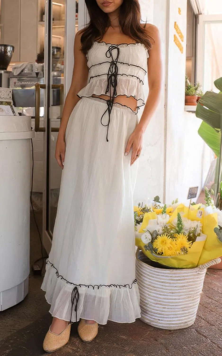 ebossy Women's Summer Spaghetti Strap Boho Long Dress Front Tie-Up Ruffles Flowy Swing Slip Sundress