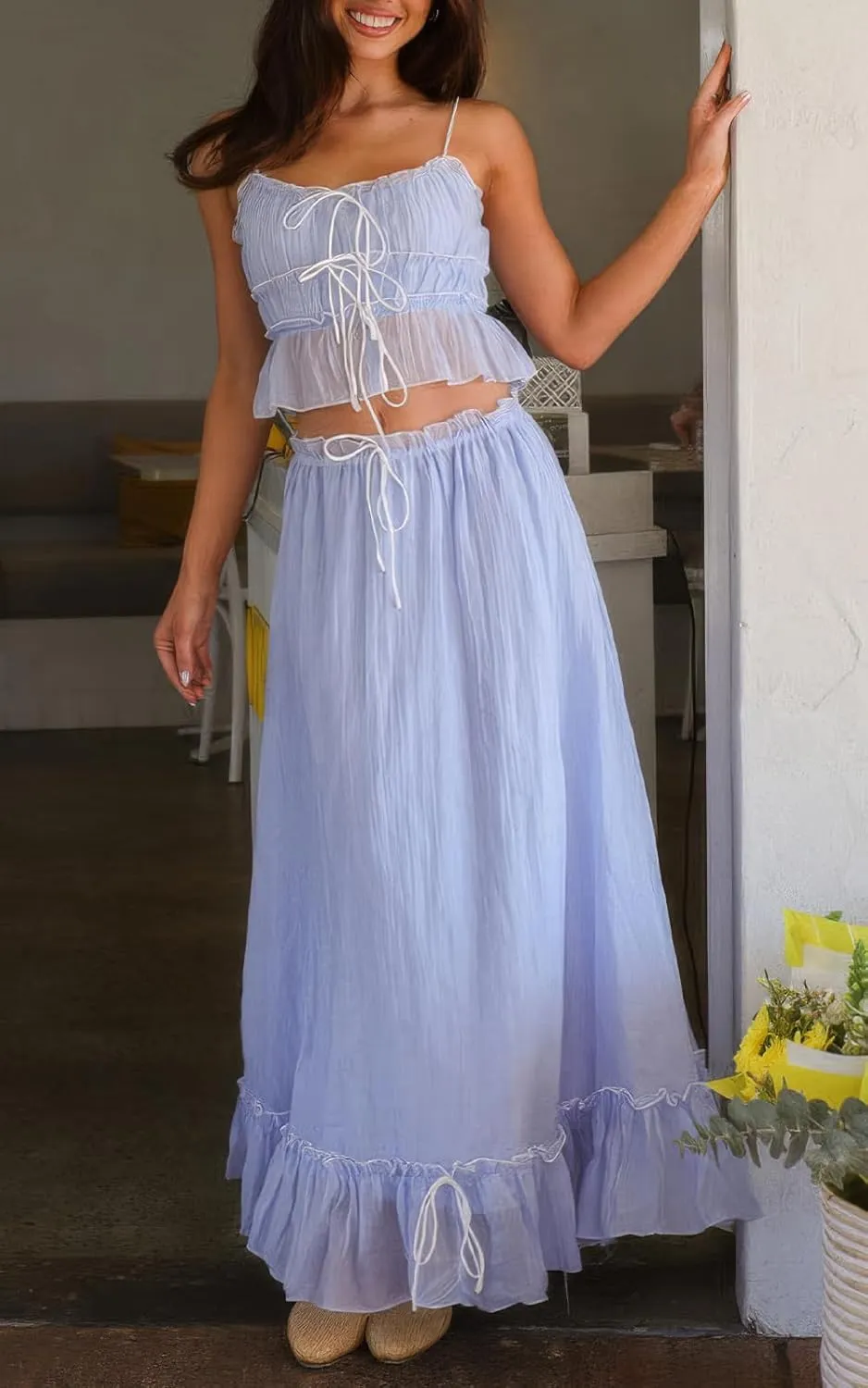 ebossy Women's Summer Spaghetti Strap Boho Long Dress Front Tie-Up Ruffles Flowy Swing Slip Sundress
