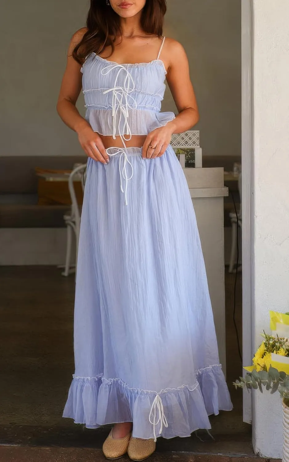 ebossy Women's Summer Spaghetti Strap Boho Long Dress Front Tie-Up Ruffles Flowy Swing Slip Sundress