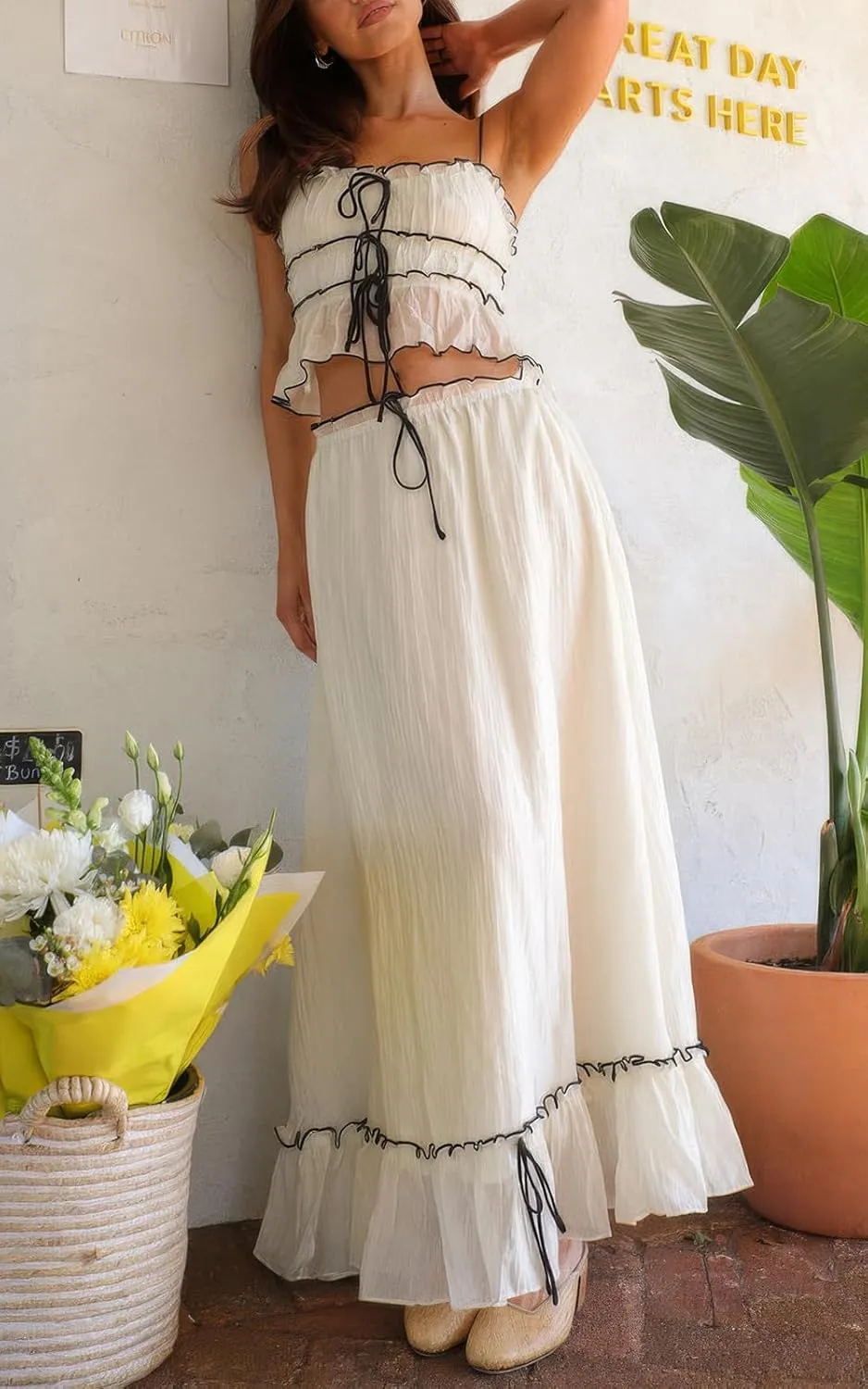 ebossy Women's Summer Spaghetti Strap Boho Long Dress Front Tie-Up Ruffles Flowy Swing Slip Sundress