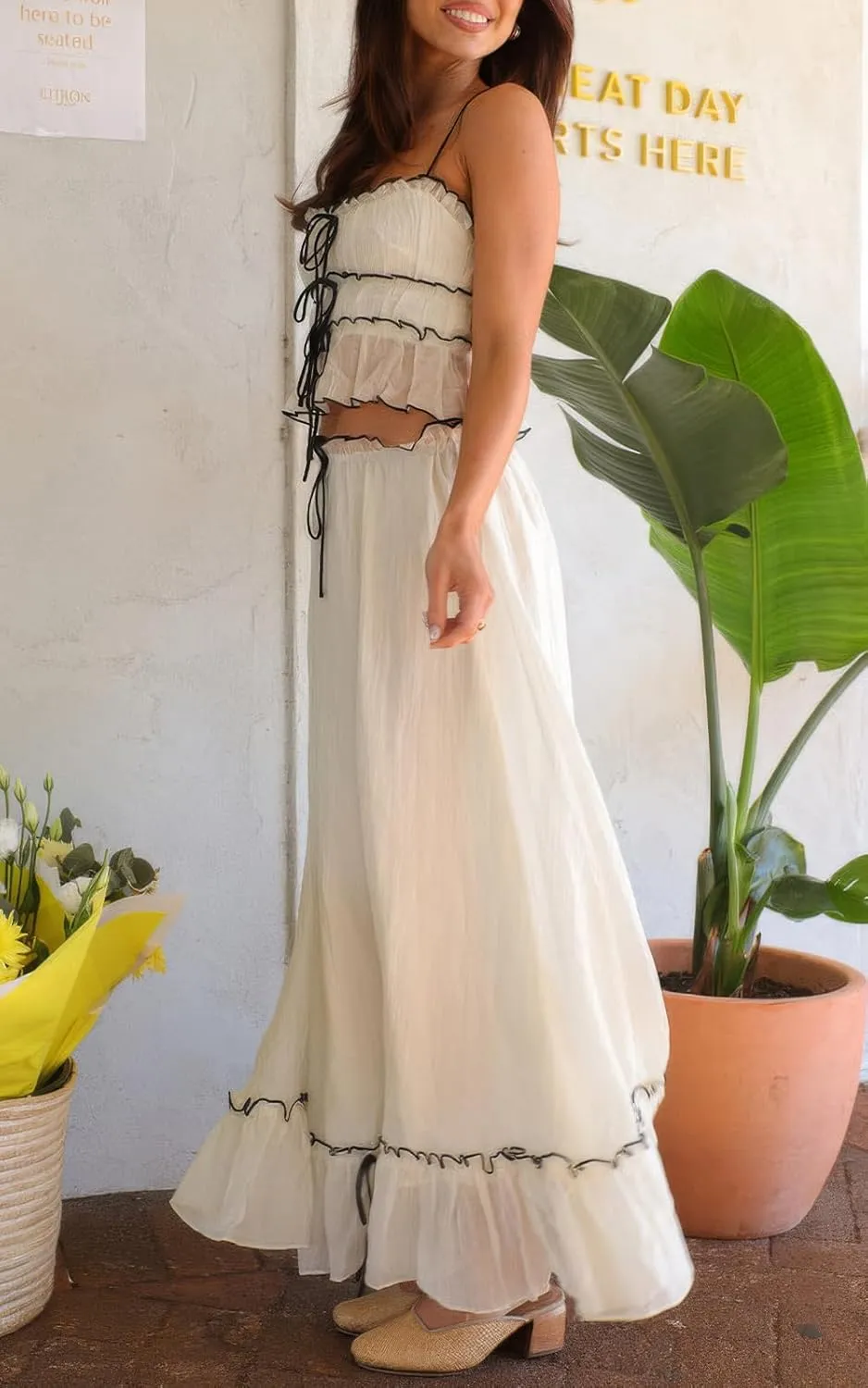 ebossy Women's Summer Spaghetti Strap Boho Long Dress Front Tie-Up Ruffles Flowy Swing Slip Sundress