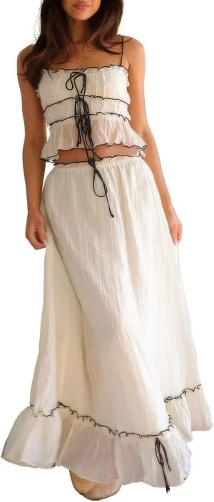 ebossy Women's Summer Spaghetti Strap Boho Long Dress Front Tie-Up Ruffles Flowy Swing Slip Sundress