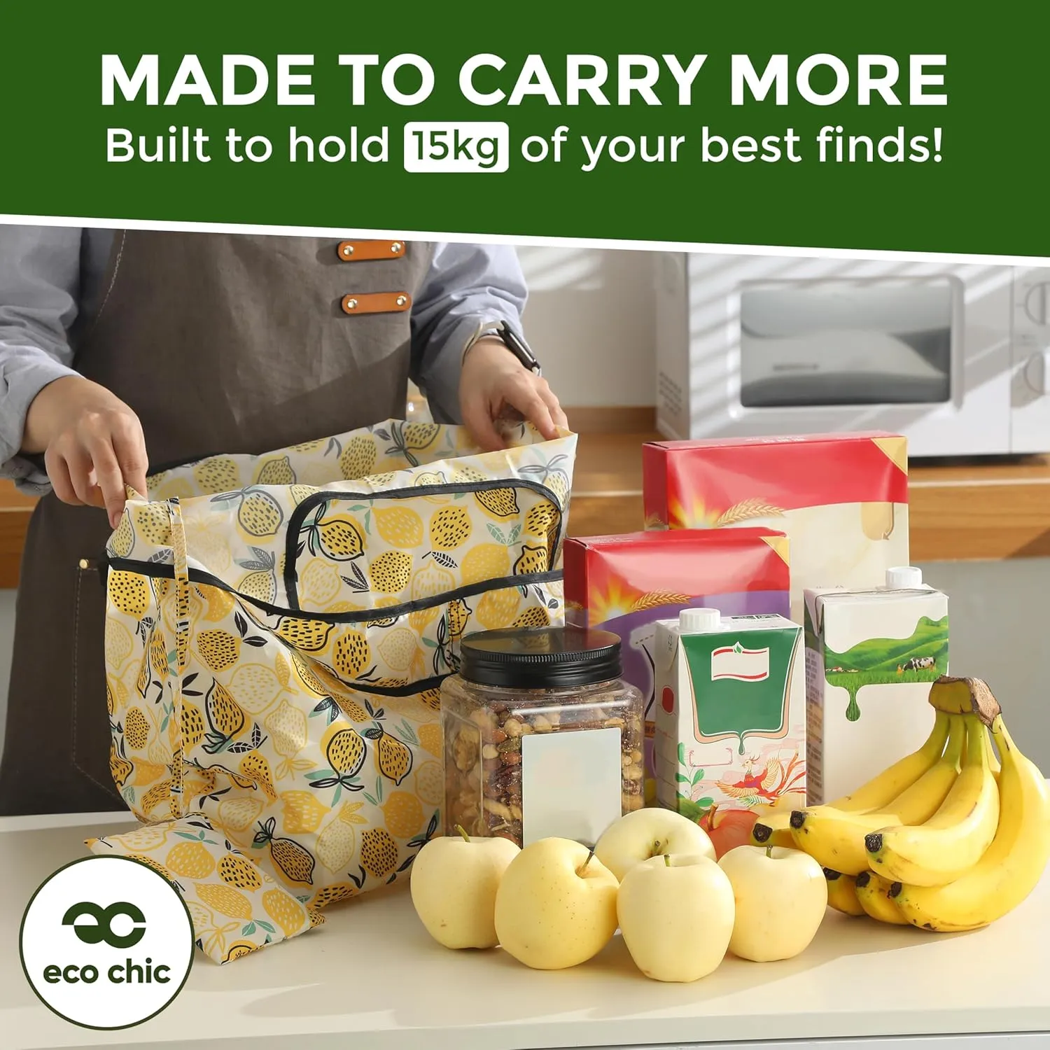 ECO CHIC Foldable Reusable Large Grocery Bags - Foldable Grocery Bags - Lightweight, Recycled & Reusable Shopping Bag - Waterproof, Packable Tote Fitting in Fine Grocery Bag Carrier