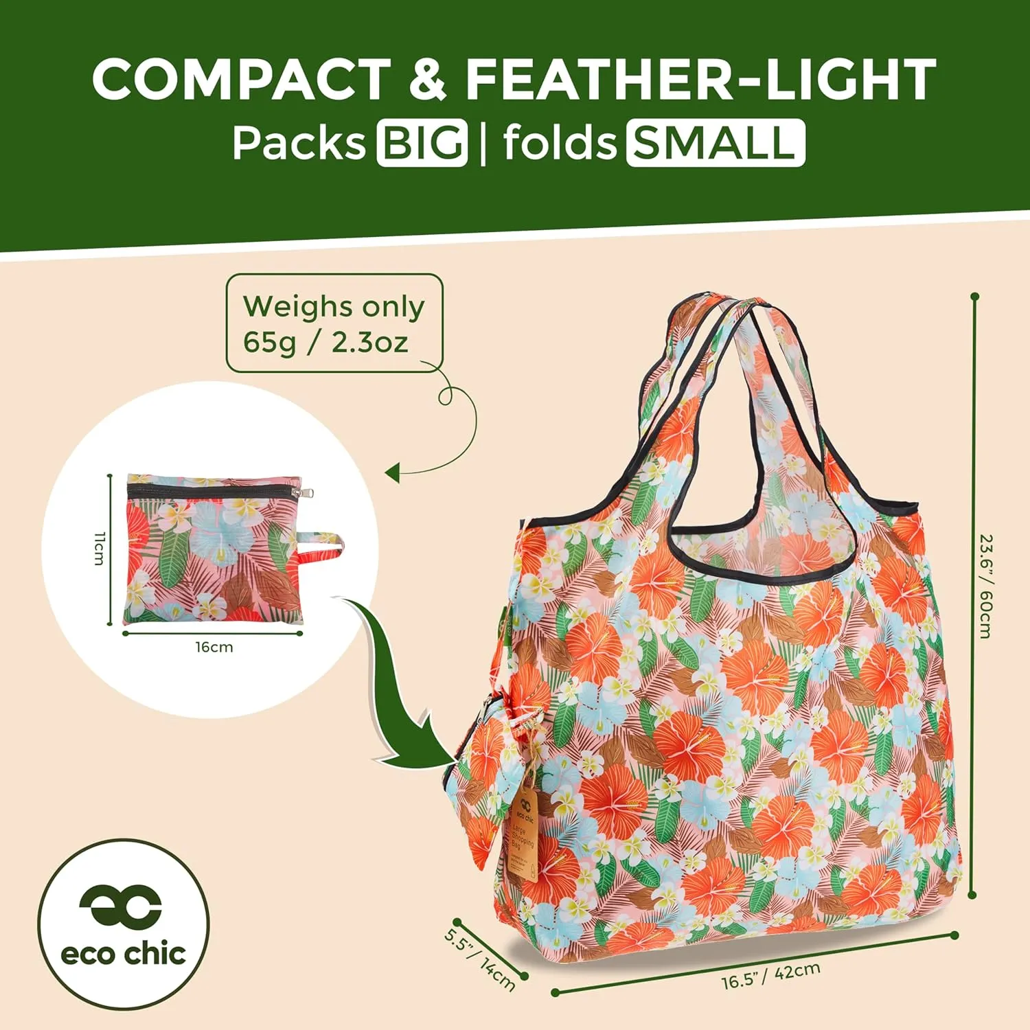 ECO CHIC Foldable Reusable Large Grocery Bags - Foldable Grocery Bags - Lightweight, Recycled & Reusable Shopping Bag - Waterproof, Packable Tote Fitting in Fine Grocery Bag Carrier