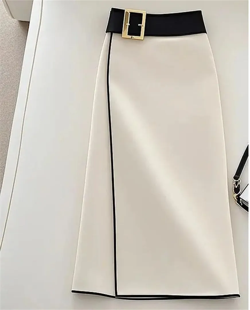 Elegant Office Lady High Waist Intage Straight Skirt Fashion Patchwork Women's Slim Bag Hip Midi Skirts