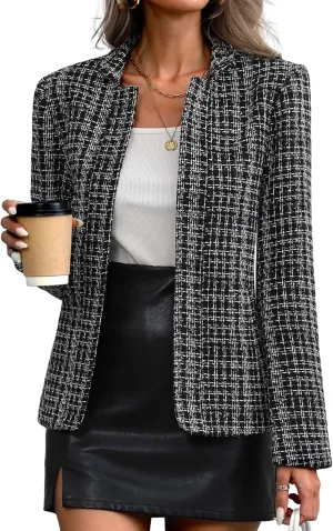 ELLEVEN Womens' Tweed Blazer Long Sleeve Jacket Notch Collar Fully Lined Casual Business Trendy Elegant Work Office Coat