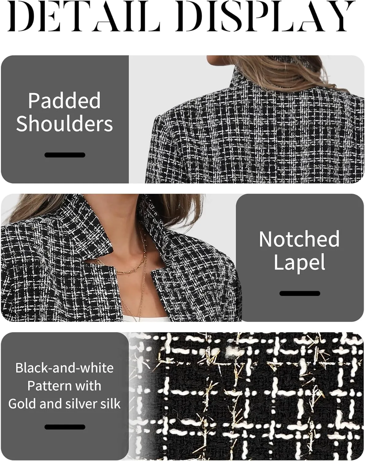 ELLEVEN Womens' Tweed Blazer Long Sleeve Jacket Notch Collar Fully Lined Casual Business Trendy Elegant Work Office Coat