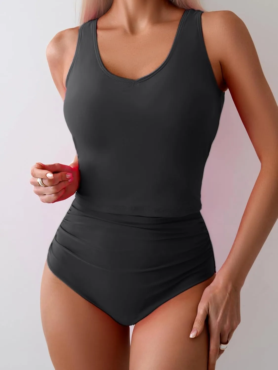 Eomenie Two Piece Tankini Swimsuits for Women Tummy Control Bathing Suits Cutout Back Swim Tank Top with High Waisted Bottom