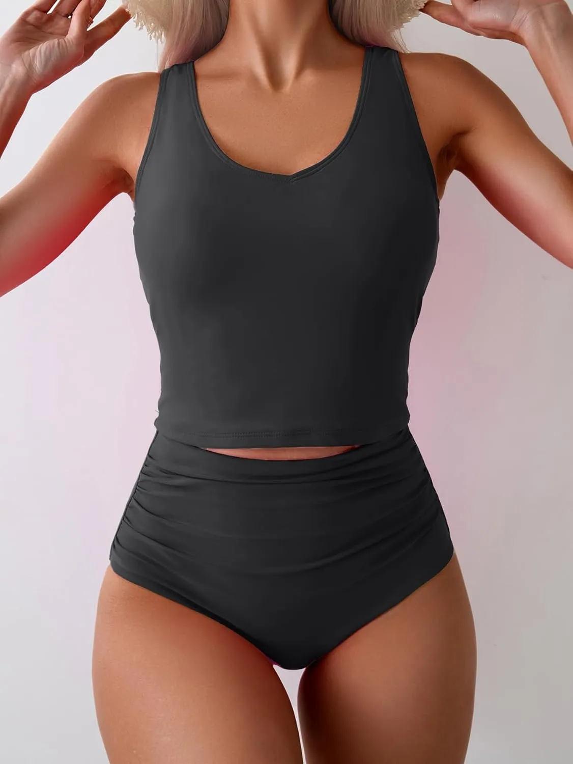 Eomenie Two Piece Tankini Swimsuits for Women Tummy Control Bathing Suits Cutout Back Swim Tank Top with High Waisted Bottom