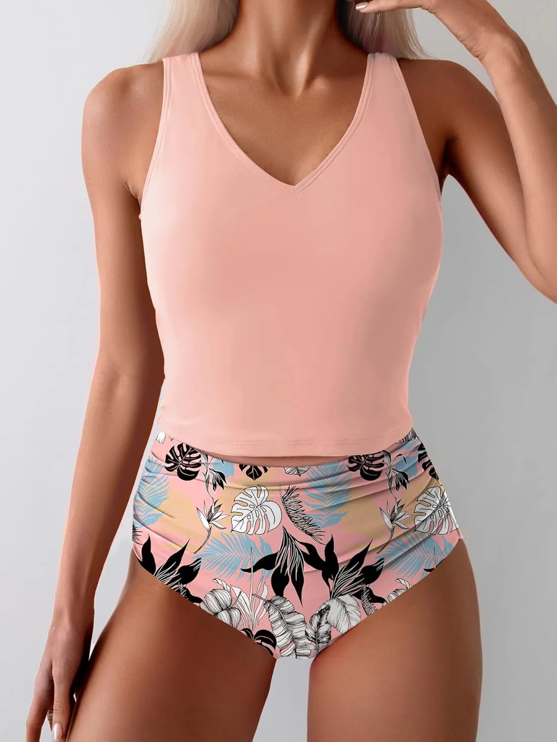 Eomenie Two Piece Tankini Swimsuits for Women Tummy Control Bathing Suits Cutout Back Swim Tank Top with High Waisted Bottom
