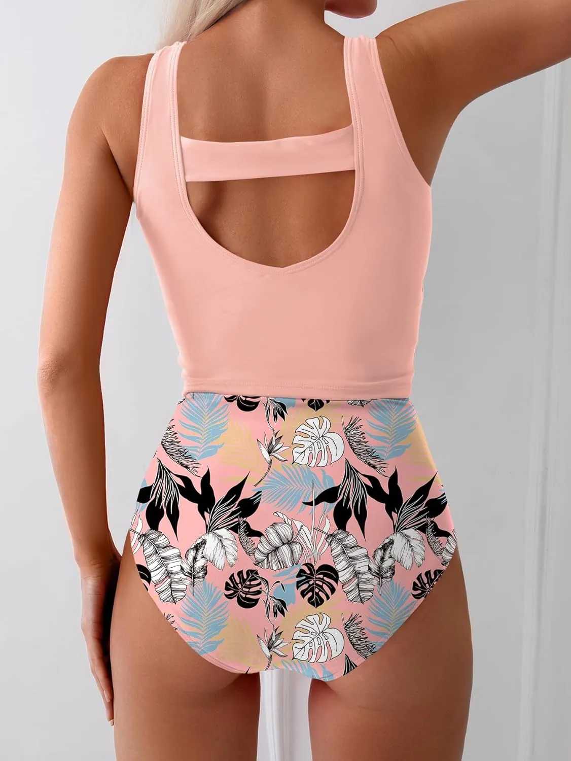 Eomenie Two Piece Tankini Swimsuits for Women Tummy Control Bathing Suits Cutout Back Swim Tank Top with High Waisted Bottom