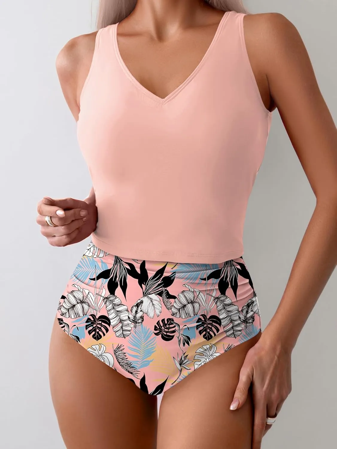 Eomenie Two Piece Tankini Swimsuits for Women Tummy Control Bathing Suits Cutout Back Swim Tank Top with High Waisted Bottom