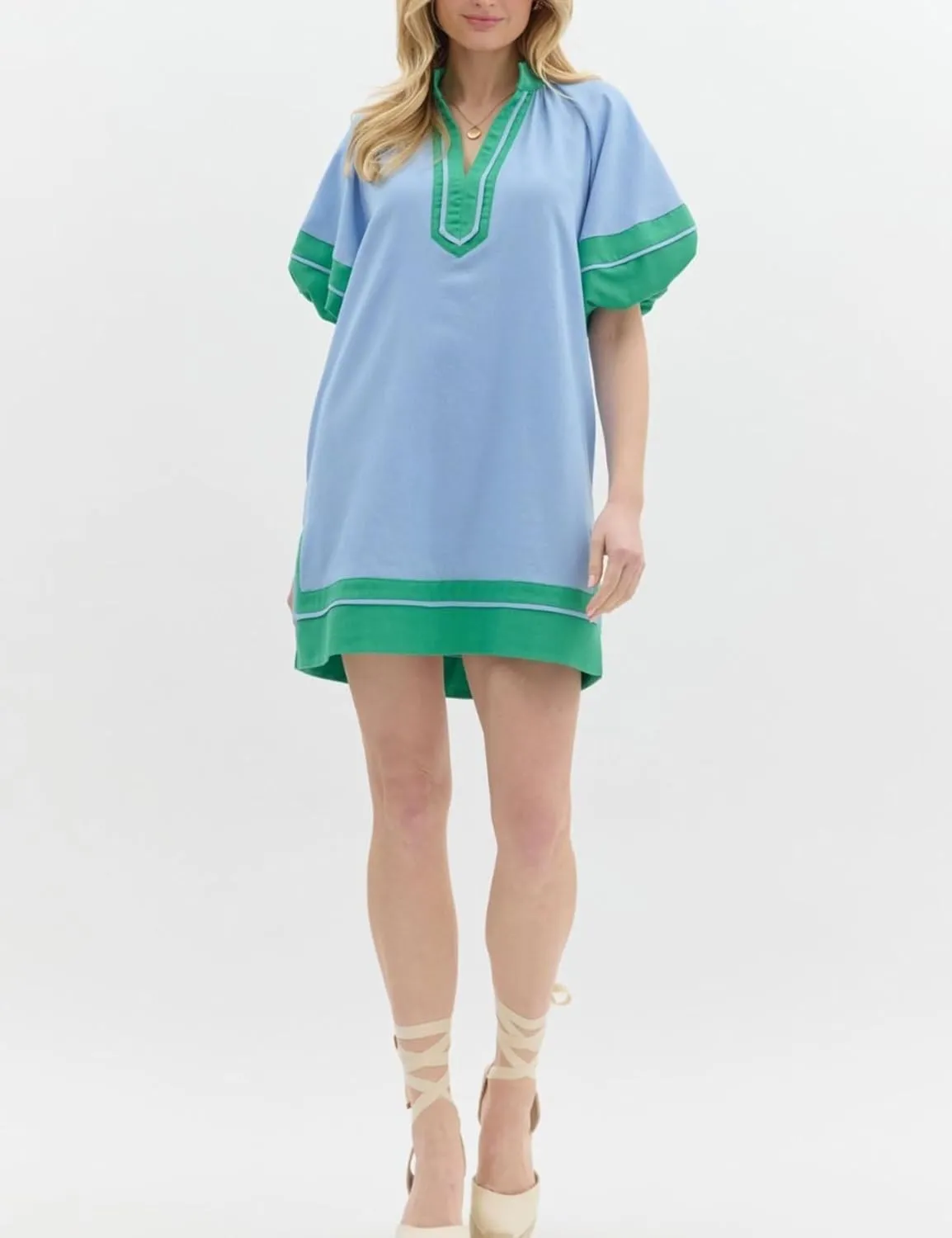 Esmeling Womens Color Block Pullover Dress V Neck Puff Sleeve Shirt Dress Casual Mini Dress with Pockets
