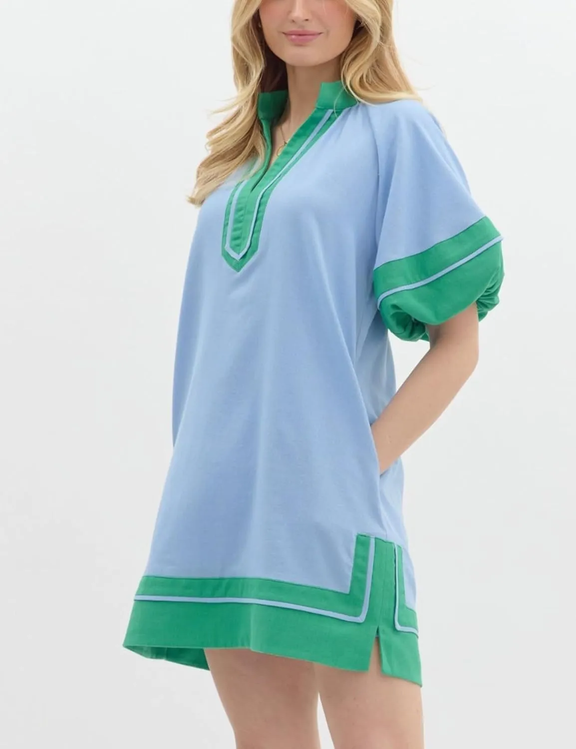 Esmeling Womens Color Block Pullover Dress V Neck Puff Sleeve Shirt Dress Casual Mini Dress with Pockets