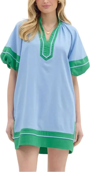 Esmeling Womens Color Block Pullover Dress V Neck Puff Sleeve Shirt Dress Casual Mini Dress with Pockets